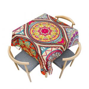 Surwin Nappe Carr&eacute;e, Nappe Rectangulaire Anti Tache - Effet Lotus, Style Boh&egrave;me Lavable Housse de Table en Polyester pour Maison, de Restaurant, de caf&eacute; et Jardin (Mandala,200x200cm) (Yiwin, neuf)