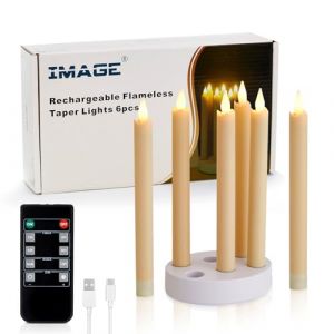IMAGE Lot de 6 bougies LED rechargeables sans flamme avec station de charge, bougies LED vacillantes avec t&eacute;l&eacute;commande et minuteur, parfaites pour la maison, Thanksgiving, mariage, d&eacute;coration de No&euml;l (IMAGEFRONT, neuf)