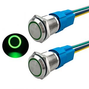 Aiqeer 2 Pièces 16 mm Commutateur Bouton-Poussoir Momentané, 12V / 24V 5A Interrupteur à Bouton-Poussoir en Acier Inoxydable Étanche IP67, avec Prise Pré-Câblée (LED Vert) (Aiqeer-FR, neuf)