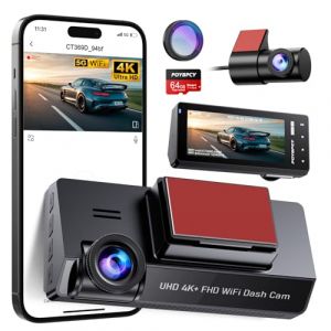 Dashcam Voiture 4K+1080P,5GHz WiFi Dashcam avec CPL Filte,Carte SD 64G, 360° Camera Voiture,3.69" Grand Angle 170°,Mode Stationnement 24H,G-Capteur,Vision Nocturne,Enregistrement en Boucle (HUZASU LTD, neuf)