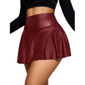 Maeau - Jupe Courte en PU Femme Taille Haute Sexy Mini-Jupe Pliss&eacute;e Cuir Synth&eacute;tique Club S Rouge (YDAEU, neuf)