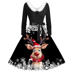 Robe de Noël Pour Femme Robe Moche Femme Joyeux Noël Robe de Noël Fille Ado Robe de Cocktail Vintage élégante Col Rond Jupe Plissée Rétro Rockabilly Années 50 Robe de Soirée Père Noël Déguisement (BAULMD（90% Big Promotion Without Discount Code ）, neuf)