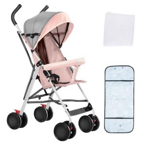 OHMG Poussette Compacte,Poussette Canne Bébé 0-6 Ans,Poussette en EVA,Landau à 4 roues,Landau assis,Parasol,Moustiquaire avec coussin en coton,Roues Verrouillables (Poudre) (jusiZL, neuf)