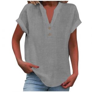 2025 Chemise Lin Femme Coton Et Lin Chemisier élégant à col en V Femme Manches Courtes Henley Chemisier Couleur Uni Tee Shirt été Haut Top Respirant T-Shirts Grande Taille Tunique Blouse Pas Cher (GMGM  (Économisez 50% sur 1 des 2 articles), neuf)