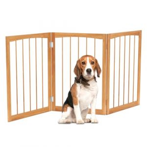 COSTWAY Barriere de Securite Chien, Barrière Chien Pliable à 3 Panneaux, Cadre en Bois de Sapin, Charnières Flexibles, Barrière Chat Chiot pour Escalier Salon Cuisine, 159 × 76 cm (Naturel) (FDS GmbH, neuf)