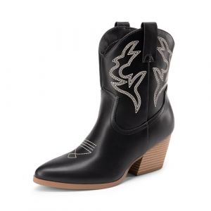 DREAM PAIRS Bottes Femme Western Courtes à Talon Bloc Bas Bout Pointu Bottines Cowboy Cowgirl Brodées Mode pour Automne Hiver,Size 40,Noir,DWUMAB2504 (dreampairsEU, neuf)