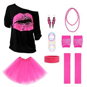 Aomig Kit D&eacute;guisement des Ann&eacute;es 80, T-shirt &agrave; imprim&eacute; l&egrave;vres, jupe tutu pour adulte, jambi&egrave;res, gants en r&eacute;sille, Disco Costume Vetement F&ecirc;te N&eacute;on Tutu Fluo, 1980 Costume De F&ecirc;te - 8 Pi&egrave;ces (XL) (Yadark, neuf)