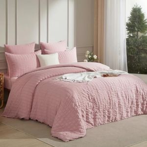 Luofanfei Housse de Couette Seersucker 200x200 Rose Parure de Lit Adulte Housse de Couette Uni Microfibre 2 Personnes Unie Ado Parure Housse Couette zippée 200 x 200 avec 2 Taies d'oreiller 65x65 (Luofan, neuf)