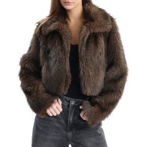 Amazhiyu Manteau en fourrure synth&eacute;tique pour femme - Veste en fourrure synth&eacute;tique - Veste courte en peluche - Veste d'hiver en fausse fourrure - Col ouvert avec poches, marron, XL (Amazhiyu, neuf)