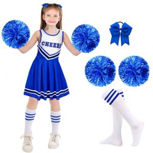 Maazusa Costume de pom-pom girl pour fille - Lot de 6 tenues de pom-pom girl avec jupe tutu, pompons, chaussettes, bandeau à cheveux, style rétro pour Halloween, carnaval, fêtes à thème (bleu, 9-10 (SwiftGlow, neuf)