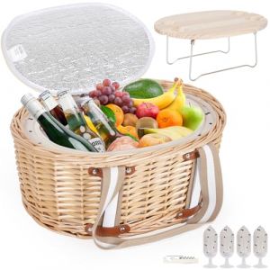 Zettfuly Ensemble de paniers de pique-nique pour 4 personnes – Panier de pique-nique isotherme en osier avec table à vin pliable, kit de pique-nique avec doublure pour couples, camping, extérieur (Carforce, neuf)