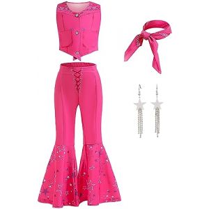 TRACYCY D&eacute;guisement Margot Poup&eacute;e Cosplay Film Doll 1950s Vintage Rock Disco Hippie Outfit Gilet Pantalon et &Eacute;charpes Boucles d'oreilles Star Set Halloween Carnaval F&ecirc;te Cosplay Costume pour Enfant (TRACYCY, neuf)