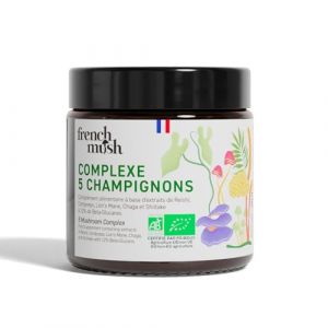 Complexe 5 Champignons Bio en Poudre Vegan - Lion's Mane, Reishi, Cordyceps, Shiitake, Chaga - Digestion, Bien-Être - 1 Gramme Par Jour - Testé en Laboratoire - Fabriqué en France (French Mush, neuf)