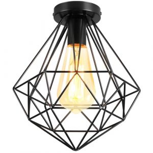 PETITES ECREVISSES Plafonnier E27 Industriel Lustre Suspension Vintage Métal Cage Lampe plafond forme Diamant 26cm Rétro Luminaire d'eclairage pour Chambre Salon Cuisine (Noir-p) (DOO2U, neuf)