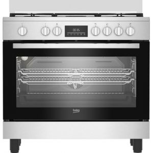 Beko Cuisine &agrave; gaz 90 x 60 cm, BGM11226EX, s&eacute;rie bPRO 500 four multifonction 111L, cuisini&egrave;re 5 feux avec triple couronne, grilles en fonte, contr&ocirc;le tactile, inox/noir, classe A+ (PREZZOLO, neuf)