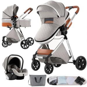 Nine point nine Poussette 3 en 1, Poussette Bebe avec Double Modes de Poussée Réversibles, Poussette Canne avec Grande Nacelle Confortable, Pousette avec Cadre Aluminium Haute Paysage (V9 Light Grey) (Kaiwen baby products, neuf)