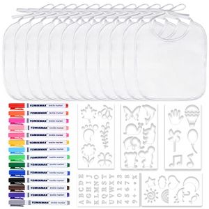 faburo 12PCS Bavoir pour Bébé Blanc à Peindre 20 * 24cm, 14 Marqueurs Textile avec 5 Pochoirs de Peinture pour Nouveau-né Baby Shower Fille Garcon, Idéal pour Décorer et Peindre (Meih, neuf)