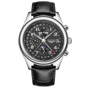 Guanqin Montre m&eacute;canique multifonction &agrave; remontage automatique en cristal saphir pour homme - Phase de lune - Calendrier perp&eacute;tuel - &Eacute;tanche - Bracelet en acier inoxydable ou en cuir, Cuir noir (jdlermy store, neuf)