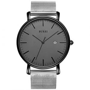 BUREI Montre Quartz Ultra-Fine pour Homme Mouvement Quartz Japonais mécanique pour Homme Le pour Les Gentlemen (Argent grisâtre, Acier Inoxydable) (EU Watches, neuf)