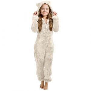 Combinaison Pyjama Enfant Fille Garçon 3-12 Ans Douce Pyjama Combinaison Surpyjama pour Enfants Grenouillère Hiver Chaude Doublée Polaire avec Capuche Oreilles de Chat Déguisement (White, 5-6 Years) (Beythetly, neuf)