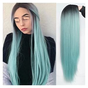 Perruques en dentelle ondul&eacute;e - Perruque synth&eacute;tique longue et droite - Perruque bleu clair pour femme - M&eacute;lange noir et blond - Partie centrale - Cheveux naturels - Perruques synth&eacute;tiques naturelles (yangqinbaihuo, neuf)