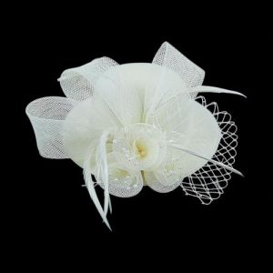 Chapeau de fête avec pinces à cheveux en maille et fleur - Bibi à plumes - Bibi fantaisie et élégant - Pince à cheveux - Coiffe de cocktail - Bibi de mariage - Beige (cheng juan1, neuf)
