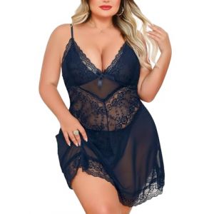 Niwicee Nuisette Sexy Femme Ensemble de Lingerie Sexy Coquine Hot Grande Taille Babydolls Teddy Babydoll V&ecirc;tement de Nuit Ensemble Lingerie V Collier Nuisette Femme String (Bleu Marine, 4XL) (Veayada, neuf)