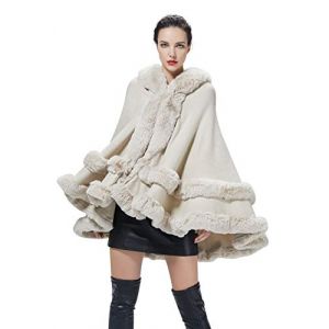 BEAUTELICATE Poncho Fourrure Femme Cape &agrave; Capuche Ch&acirc;le &Eacute;tole Tricot&eacute; Manteau L&eacute;ger pour Automne Hiver Mariage Soir&eacute;e Gala Mari&eacute;e Demoiselle d'honneur(Taille Unique, Beige) (BEAUTELICATE-FR, neuf)