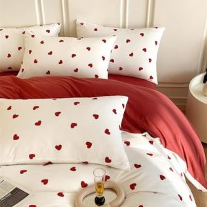 Tospass Housse de Couette Coeur 200x200cm Blanc Rouge Motif du Cœur Parure de Lit 2 Personne Ado Adultes Filles avec Fermeture Éclair Housse Couette en Microfibre avec 2 Taie d'oreiller 65x65cm (Jimingyo, neuf)