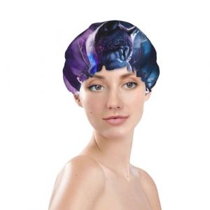 Bonnet de douche pour femme, r&eacute;utilisable, imperm&eacute;able, double couche, bande &eacute;lastique, bonnet de bain pour cheveux longs, bonnet de bain &agrave; plumes de loup pour douche (JinRui-EU, neuf)