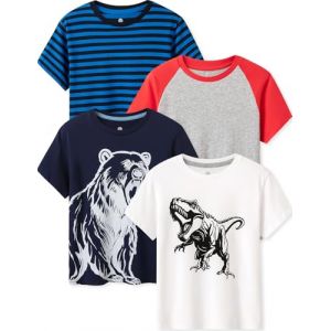 LAPASA Lot de 4 T-Shirts Enfant Garçon et Fille 100% Coton Couleur Uni Manches Courtes Col Rond Unisexe Mixte Été K01 Gris & Rouge, Blanc & Dino, Rayé Bleu/Marine, Marine & Ours 3-4 Ans (LAPASA-FR, neuf)