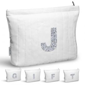 Trousse de Maquillage matelass&eacute;e avec initiales &agrave; Paillettes &ndash; Trousse de Maquillage personnalis&eacute;e, l&eacute;g&egrave;re et r&eacute;sistante aux Chocs, Double Fermeture &eacute;clair avec Doublure en Soie (J, Blanc) (HZYIXUNKEJI-EU, neuf)