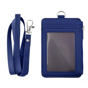 GOGO Porte-badge professionnel avec fermeture &eacute;clair, porte-badge vertical double face en cuir PU avec poche zipp&eacute;e et cordon tour de cou en cuir - Bleu (Kupaiku, neuf)