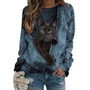 Onsoyours Femmes Pull 3D Chat Imprim&eacute; Sweatshirt Top Manches Longues Chat 3D ray&eacute; Noir Femme Casual Pull Chat Noir Col Rond T Shirt Grande Taille Sweat Blouse Top (M, H Bleu) (PGANDS Design, neuf)