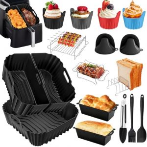 Silicone Moule Air Fryer pour Ninja AF140EU 4,7L/AF180EU 6,2L, 22 Pi&egrave;ces R&eacute;utilisable Carr&eacute; Silicone Accessoires Air Fryer Sans BPA pour Friteuse &agrave; Air avce Moule Pain, Grille Racks, Pain etc (HSWL, neuf)