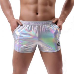 SamHeng Boxer métallique sexy pour homme avec poches Boxer Homme Caleçon Métallique Cuir Verni Brillant Party Plage Boxershorts Disco Club Costumes(Argent/L) (QingPo, neuf)