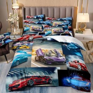ZZTBQ Voiture de Sport Housse de Couette 1 Personne Lit Enfant 90x190 cm Voiture de Course Enfant Parure de lit 1 Personne 90 x 190 cm Rouge Bleu Violet Voiture 2 Piece Ensembles Housses de Couette (ZZTBQ, neuf)