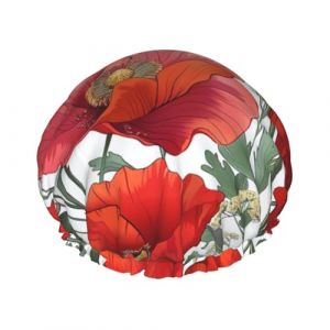 Bonnet de douche doublé double couche motif coquelicot imprimé artistique, bonnet de douche réutilisable pour femme (QICHENBO, neuf)
