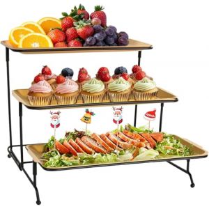 FoiiLiio Plateau de Service avec 3 Métal Plats, 32×16CM, Grand Plateau Rectangulaire, Presentoir Aperitif Buffet, Présentoir à Gâteau, pour Desserts, Pâtisseries, Biscuits et Fruits -Noir (AVOGERS, neuf)