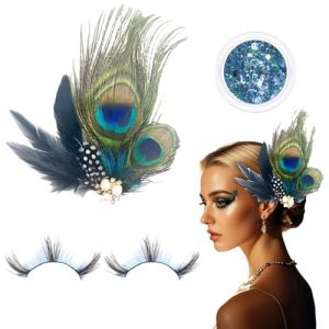 Kit de Carnaval Déguisement - Accessoires de Peafowl avec Longs Cils, Coiffe en Plumes de Paon et Paillettes Brillantes – Parfait pour Halloween, Fêtes à Thème et Soirées Costumées (gaibada, neuf)