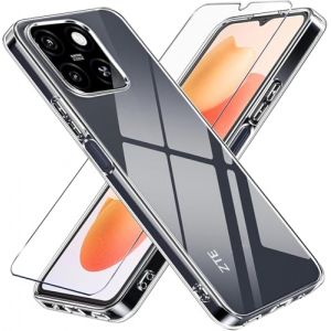 LYJERRY Antichoc Coque avec Verre Compatible avec ZTE Blade A55 / A35 Protection &Eacute;cran en Verre Tremp&eacute; Coque de Protection Transparent &Eacute;tui de Protection en Silicone, Mince Souple TPU Bumper (HappyAmz, neuf)