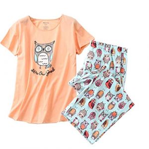 ENJOYNIGHT Pyjama Femme &Eacute;t&eacute; en Coton Ensembles de Pyjama T-Shirt Manche Courte et Pantalon Capri V&ecirc;tements de Nuit 2 Pi&egrave;ces (Large,Hibou Orange) (lovelynight, neuf)