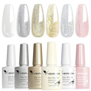 VENALISA Vernis &agrave; Ongles Gel Semi Permanent 6 Couleur Lot de Vernis Gel Semi-Permanent paillettes blanc marron or argent rose Naturel Gel Nail Polish UV/LED (VENALISA, neuf)