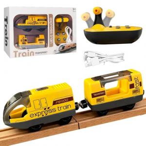 Train ferroviaire électrique - Télécommande motorisée avec lumière et son - Compatible avec les chemins de fer en bois (Brio, Thomas) - Jouet de train pour enfants à partir de 4 ans (Zinueen, neuf)