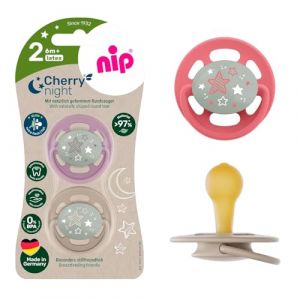 NIP Cherry - Lot de 4 tétines rondes lumineuses en latex (2 x 2) - Taille 2 (6 M +, phosphorescentes dans la nuit) - Adaptées à l'allaitement - Taille 2 - À partir de 6 mois (babywaren24, neuf)