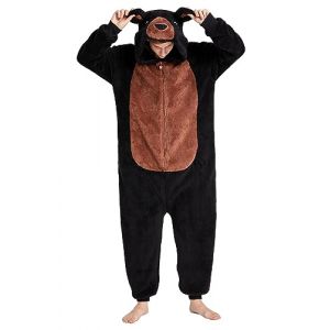 Loiahoer Unisexe Costume d'ours Onesie Pyjama D&eacute;guisement Peluche Ours Combinaison Pyjama,Animaux Carnaval Cosplay Costume de Halloween pour Femmes Hommes,Noir,S (FLY FELL, neuf)