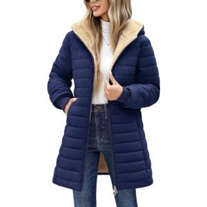 Tuopuda Doudoune Femme Longue Hiver Imperm&eacute;able Hooded Jacket Doudoune &agrave; Capuche Imperm&eacute;able Veste Matelass&eacute;e pour Dame mi-Saison Polaire Chaud avec Poches Idee Cadeau, Marine, L (GHF-Direct, neuf)