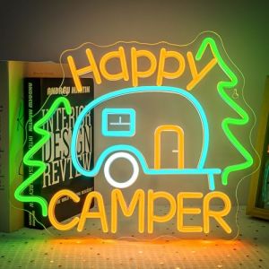 SIGNSHIP Happy Camper Neon Led, Camping Lettre Lumineuse Dimmable, Heureux Campeur Neon Mural, N&eacute;on Led Pour Camping Car,Pique Niques,Bivouac,Terrain de Camp,Terrasse,Jardin,Cadeaux (Daichu-US, neuf)