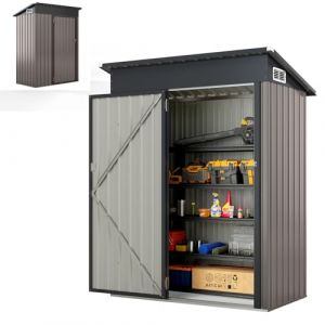 HOMASIS Abri de Jardin M&eacute;tal Exterieur avec Toit en Appentis, Cabane de Jardin avec Porte et 2 Fen&ecirc;tres, Abri &agrave; Outils Structure Renforc&eacute;e, Haute R&eacute;sistance pour Ferme,150 x 88 x 185 cm (Gris) (Homasis, neuf)
