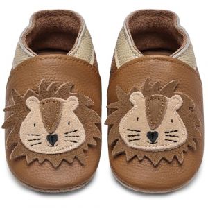 IceUnicorn Chausson Bebe Chausson Cuir Souple Bebe Garçon Fille Premiers Pas Chaussons Bébé(Lion Brun Jaune, 6-12 mois) (HelloTang, neuf)